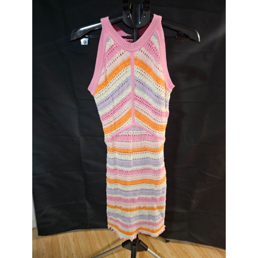 Retro Crochet Knit Mini Dress – Colorful Chevron & Striped Bodycon